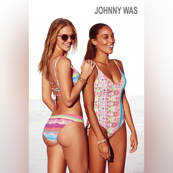 Johnny Was Striped Bathing Suit Back Tie Top & Hipster Bottoms Swim Set sz L & M - Picture 1 of 8